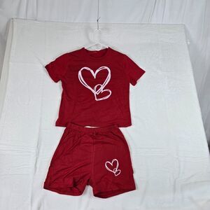Two Piece Lounge Wear Set Girl Small Red White Hearts T-Shirt and Shorts